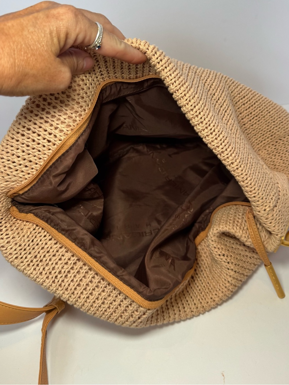 Americana by Sharif Boho Tan Woven Crochet Knit Slouchy Hobo Shoulder Bag - Picture 8 of 14